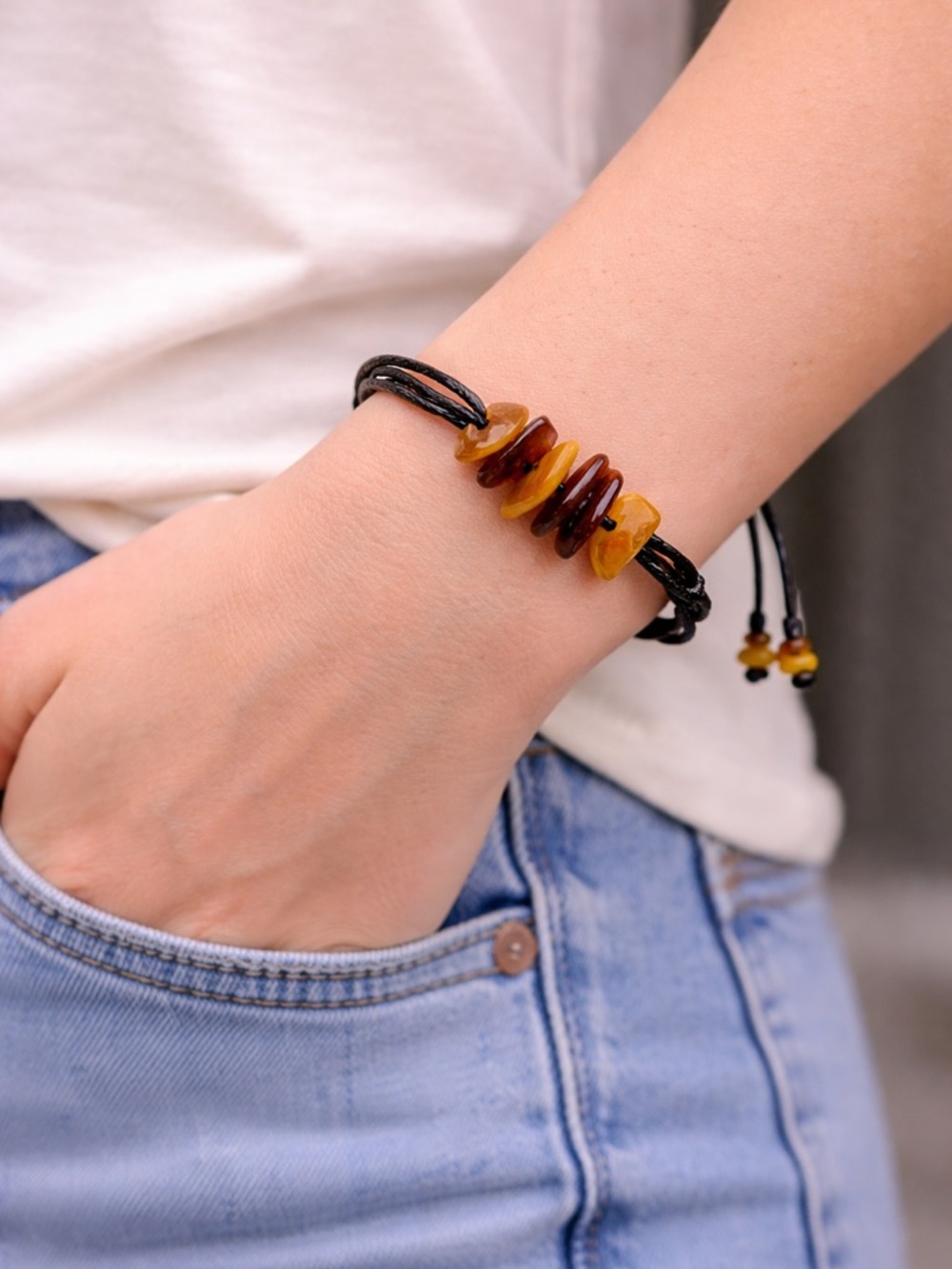 Handcrafted Amber Bead Leather Bracelet - Honey & Cognac Tones